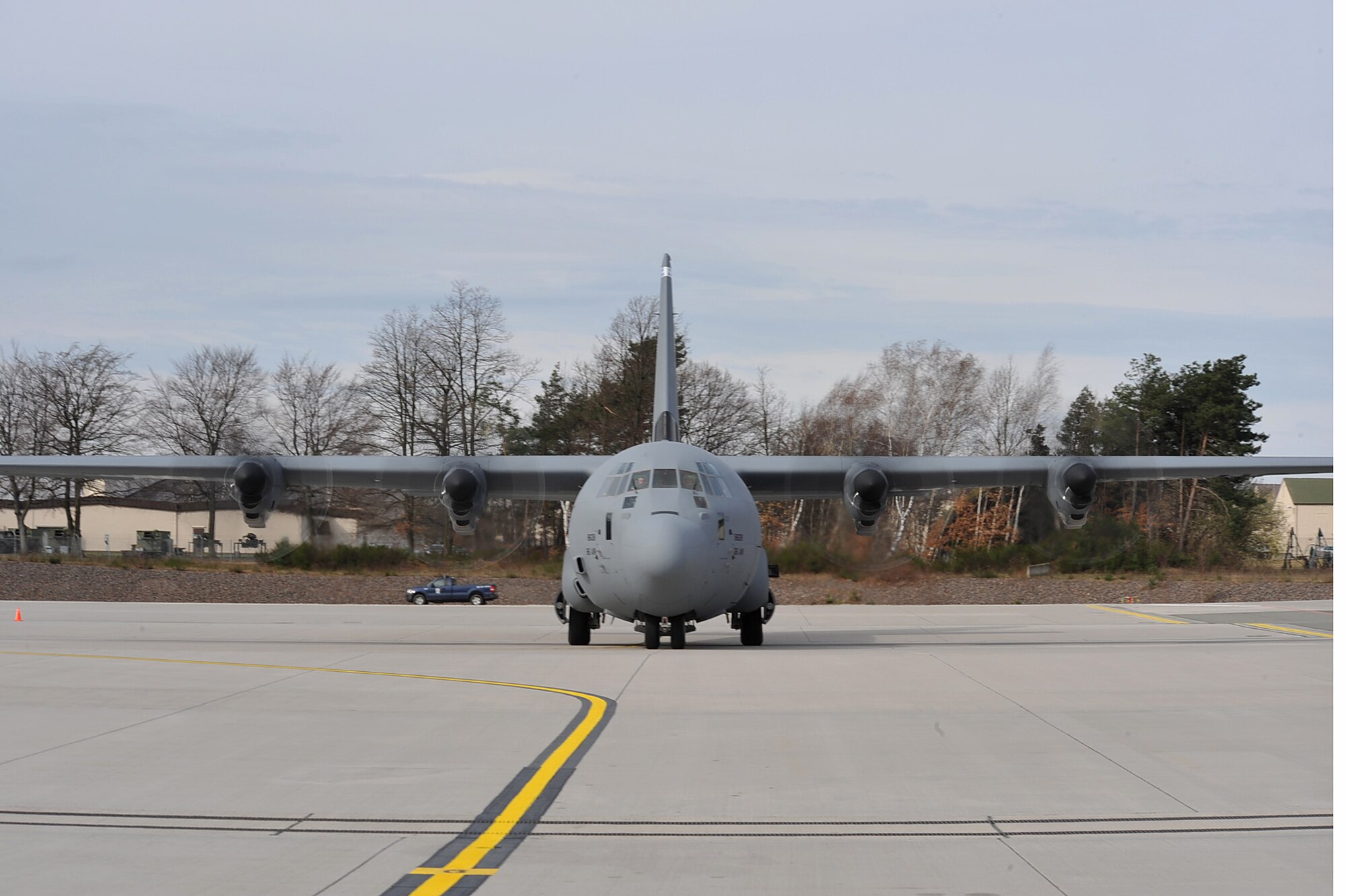 The 13th C-130J Super Hercules is delivered by Maj. Gen. Jack Egginton, Director, Air and Space Operations, Headquarters U.S. Air Forces in Europe, Ramstein Air Base, Germany, March 30, 2010. Fourteen C-130J models will be assigned to Ramstein, replacing the older C-130Es as a part of the Air Force’s priority to revitalize the aircraft fleet. (U.S. Air Force photo by Senior Airman Tony R. Ritter)