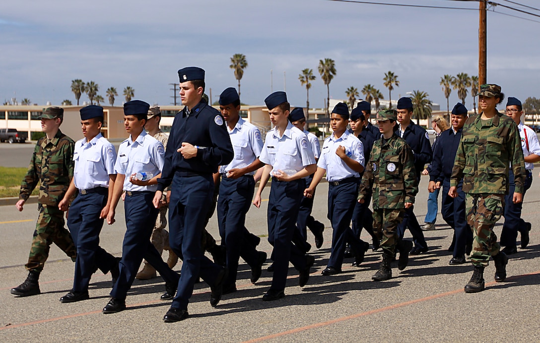 Junior Reserve Officer Training Corps cadets from the Temecula Valley school district march to their next event during a special three-day training event on Camp Pendleton, March 29. More than 50 JROTC cadets from Chaparral, Great Oak and Temecula Valley High Schools were brought to Camp Pendleton’s Edson Range to experience a taste of Marine Corps recruit training.