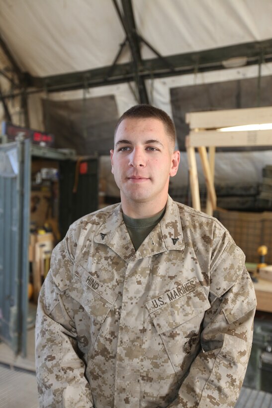 Lance Cpl. Thomas Hind, 25, from East Meadow, N.Y a generator operator assigned to the Communications Maintenance Section, Headquarters and Service Company, 1st Marine Logistics Group (Forward), spent part of his time as a volunteer firefighter at the East Meadow Fire Department Ladder 1 and still volunteers today. Hind, who joined the Marine Corps a year after becoming a volunteer firefighter, is currently his first deployment to Afghanistan and is happy to be a part of the mission of 1st MLG (FWD).