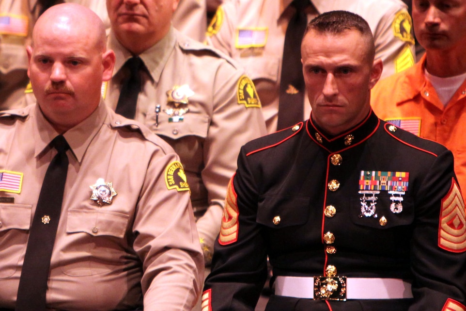 First Sgt. Billy Davidson, a former member of Company B, 1st Battalion, 7th Marine Regiment, received the Sheriff's Medal for Valor during the 2010 San Bernardino County Sheriff's Department Exceptional Service Awards ceremony at the California Theatre of the Performing Arts March 30. On Jan. 8, 2009, while on pre-deployment leave, Davidson came upon a two car collision on Highway 62 near Interstate 10 and assisted law enforcement officials extract passengers from burning vehicles.