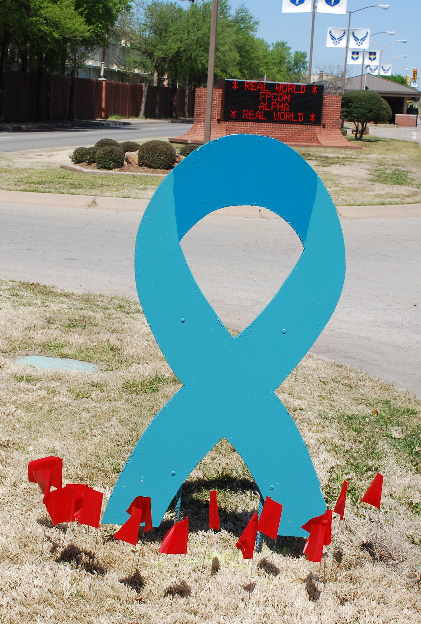 A teal ribbon is displayed at the main gate to Sheppard Air Force Base, Texas, March 31, 2010. Members of Students Against Sexual Assault and Harassment, or SASH, painted eight ribbons for Sexual Assault Awareness Month. The ribbons were placed at each of the Sheppard AFB gates. (U.S. Air Force photo/Airman 1st Class Valerie Hosea)