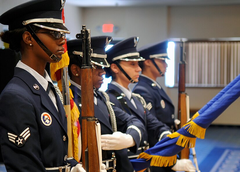 HOLLOMAN AIR FORCE BASE, N.M. -- An all-female Steel Talons Honor Guard team posts the colors, March 29, 2010, during the annual Women's History Month luncheon. Men and women of Team Holloman gathered at the Desert Sands Enlisted Club in commemoration of women?s history and to observe this year?s theme, ?Writing Women Back into History.? (U.S. Air Force photo by Staff Sgt. Anthony Nelson Jr.)(Released)