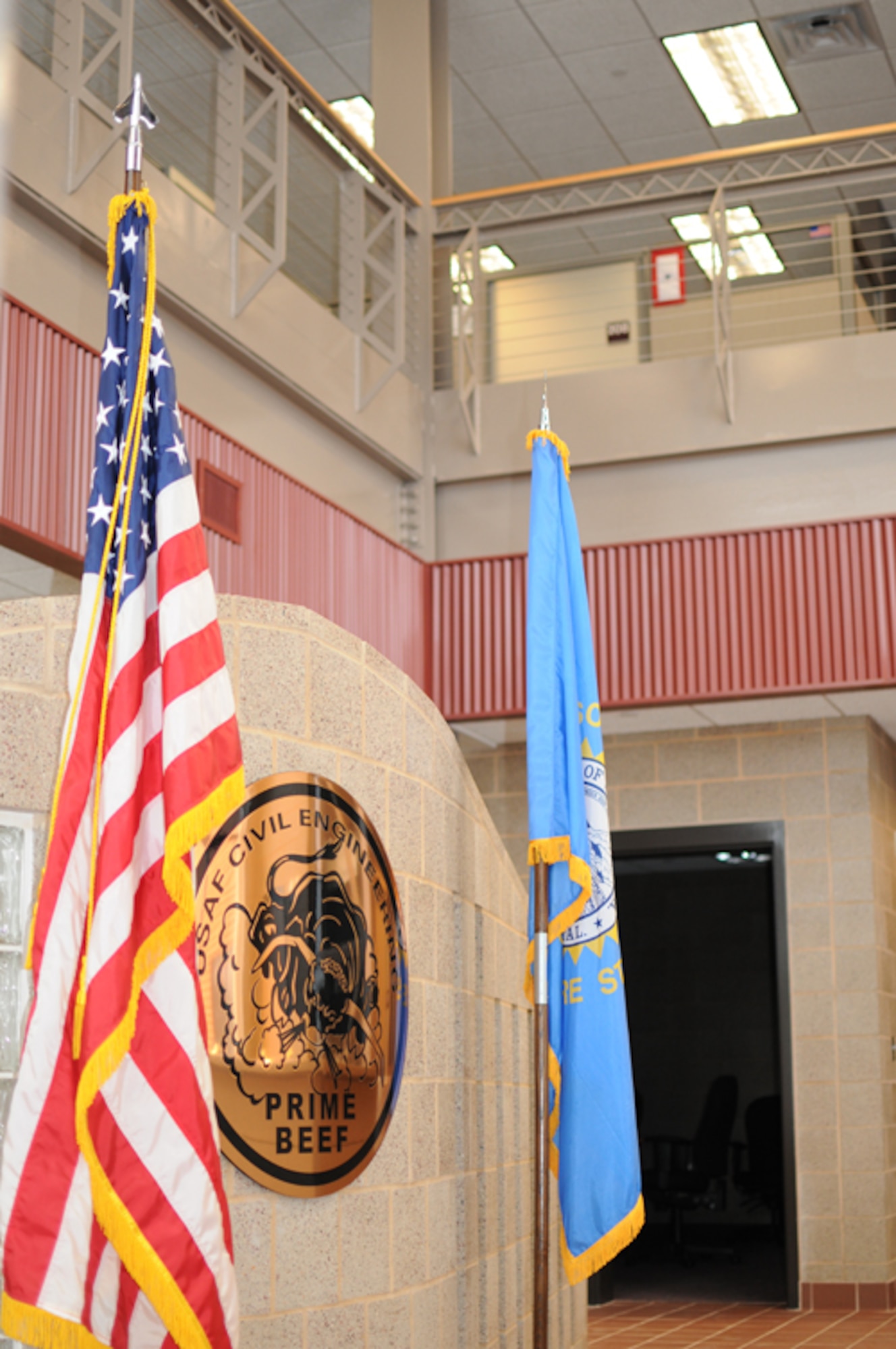 The entry to the new 114th Civil Engineer building proudly displays the PRIME BEEF logo and boasts architectural details reflective of the engineers who occupy it.