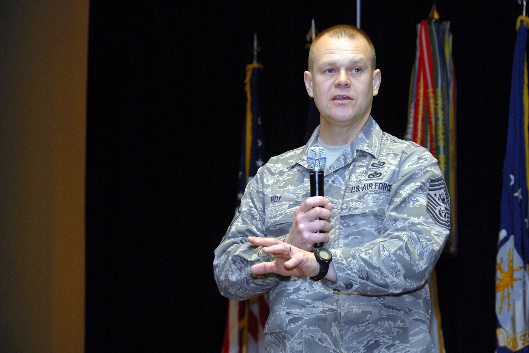 Chief Master Sgt. of the Air Force James A. Roy addresses about 360 attendees at the third joint Michigan National Guard Senior Noncommissioned Officer Conference Feb. 6, 2010, in Grand Rapids, Mich. Chief Roy is a native of Monroe, Mich. (U.S. Air Force photo/Master Sgt. Clancey Pence)