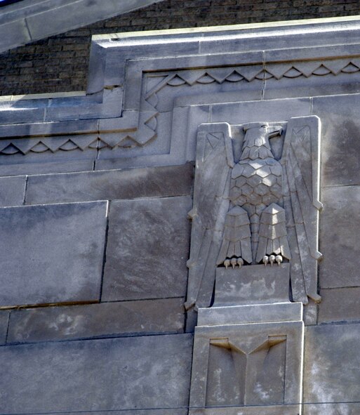 The American eagle is part of the building 12’s art deco facade.  The building was erected in 1935 by the Quartermaster Corps U.S. Army and was the first Army Aeronautical Museum. (U.S. Air Force photo by Ted Theopolos)