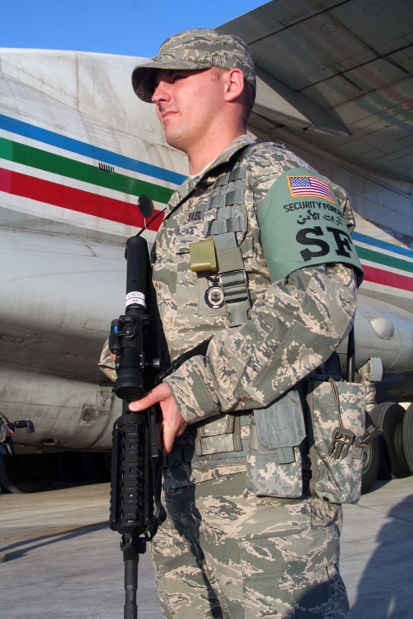 Sergeant James watches over the flightline.   The 380th ESFS support Operations Iraqi Freedom and Enduring Freedom and the Combined Joint Task Force-Horn of Africa.  (Air Force photos)