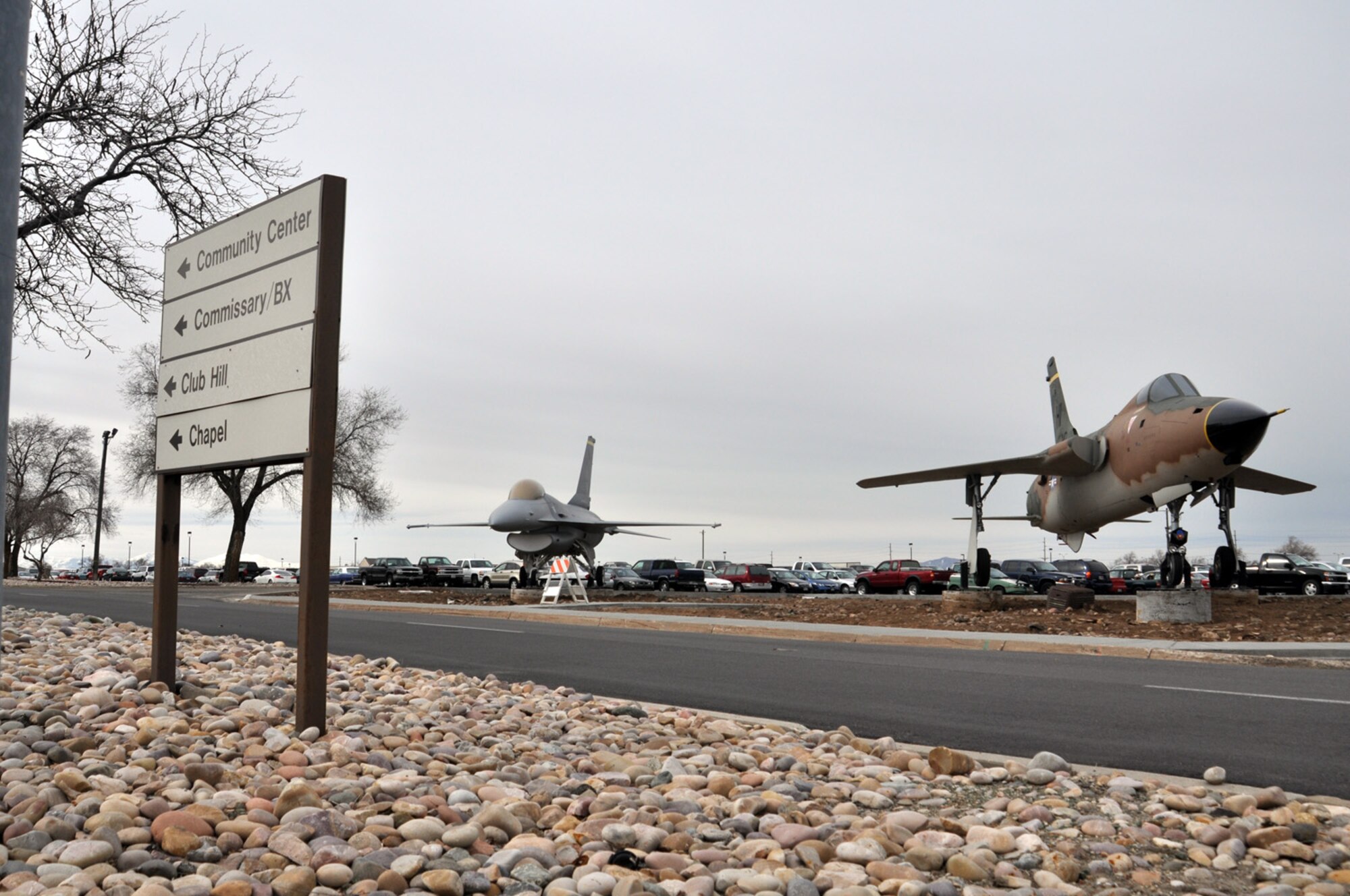Hill Air Force Base’s newest heritage park is nearing completion following the placement of an F-16A Fighting Falcon and an F-105 Thunderchief aircraft this weekend. The area, near the corner of Wardleigh Road and E Avenue, is dedicated to the service of the base’s Air Force Reservists. The F-16A is painted and marked as it appeared in 1994 when assigned to the 419th Fighter Wing’s 466th Fighter Squadron at Hill. The F-105 is painted and marked as it appeared at Hill in 1981 when it first served with the 508th Tactical Fighter Group’s 466th Tactical Fighter Squadron. In 1982, the aircraft was painted with a wraparound camouflage scheme, with darker upper and lower surface colors. To honor those who flew and maintained this aircraft during the Vietnam era, it was returned to a camouflage and white paint scheme. The 419th FW is Utah’s only Air Force Reserve unit. The wing’s history dates back to the late 1940s. (U.S. Air Force Photo/Kari Tilton) 