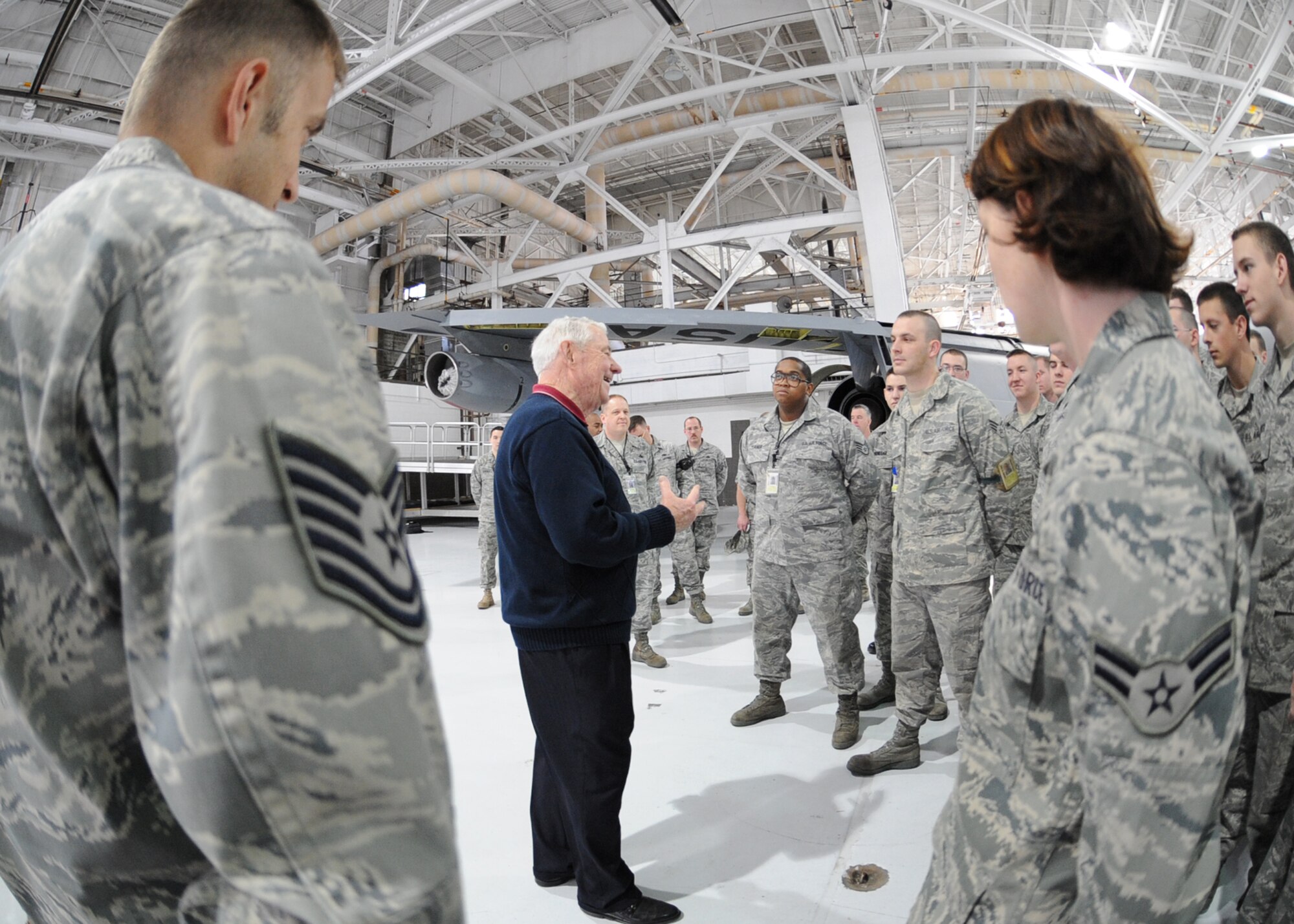 Former Chief Master Sgt. of the Air Force Robert Gaylor visits Airmen at the 22nd Maintenance Squadron, March 25, 2010, McConnell Air Force Base, Kan. Chief Gaylor toured the hangar and explored a KC-135 Stratotanker aircraft.  The Airmen at McConnell support the base’s mission which is to operate and maintain the world’s largest and most diverse KC-135 Stratotanker fleet. (U.S. Air Force photo/Airman 1st Class Andrea Salazar)