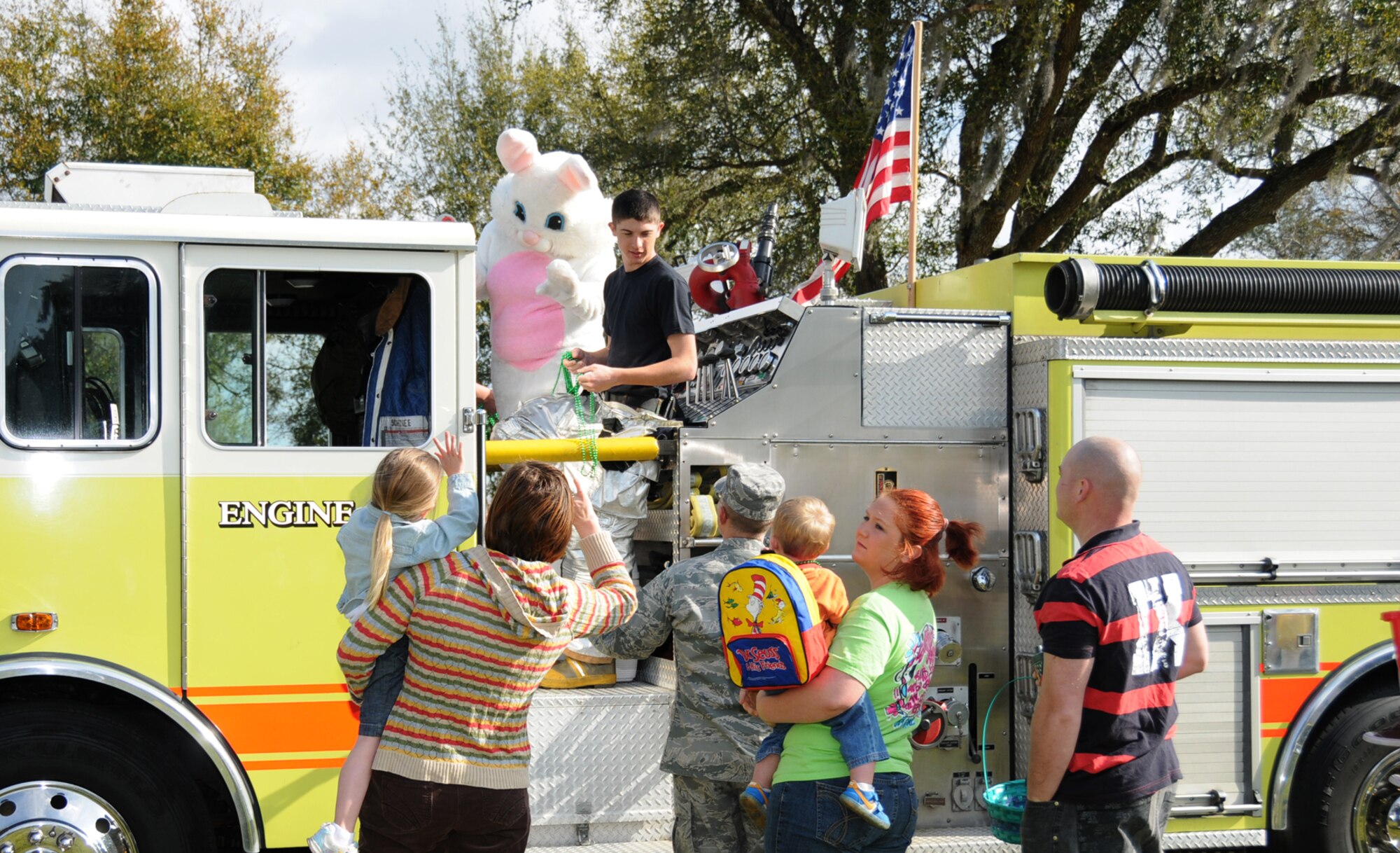 The Easter Bunny rode on a fire truck in Saturday’s Easter parade.  (U.S. Air Force photo by Kemberly Groue)