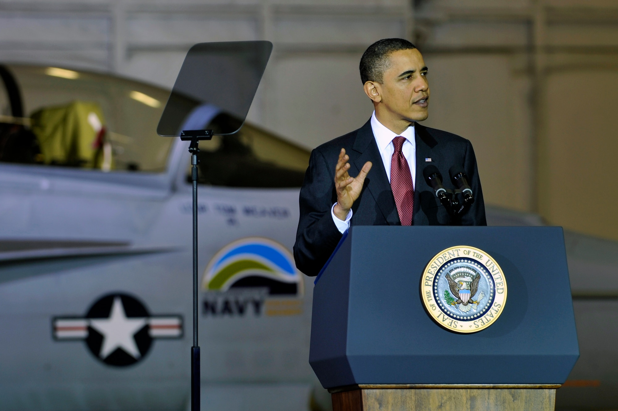 President Barack Obama speaks to military and civilian personnel about his plan to lift the nearly 20 year executive ban on oil and natural gas drilling off the Atlantic Ocean and Gulf of Mexico, March 31, at Joint Base Andrews, Md. President Obama also announced the Navy F/A-18F Super Hornet, dubbed "The Green Hornet," is slated to be tested on Earth Day, April 22. If the test is successful, it will be the first fighter to reach supersonic speed with a 50/50 blend of Hydrotreated Renewable Jet and JP-8 fuel. (U.S. Air Force photo by Airman 1st Class Perry Aston)