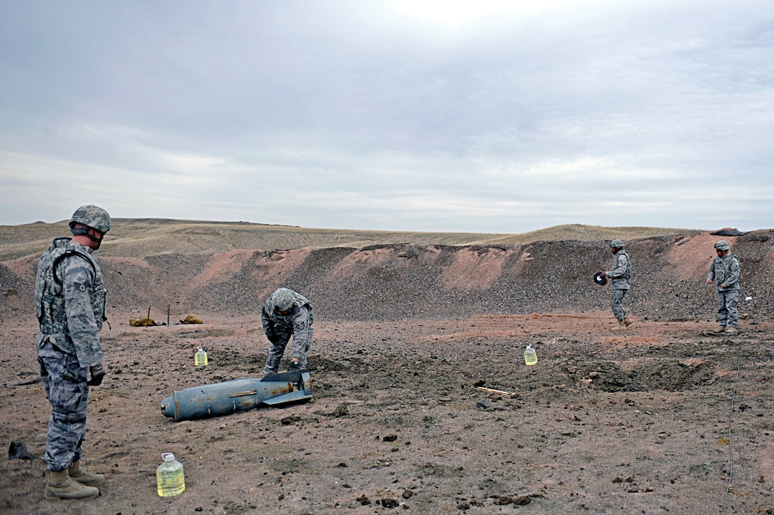 ELLSWORTH AIR FORCE BASE, S.D. -- Explosive ordnance disposal personnel setup a ring-line explosion during a routine training exercise, Mar. 30. The ring-line explosion detonated a simulated chemical bomb. (U.S. Air Force photo/Airman 1st Class Matthew Flynn)