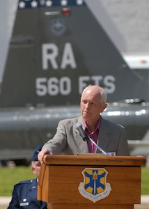 Former Viet Nam Prisoner of War Jay Hess, Lt. Col. (Ret.), addresses the audiance at the wreath laying at the Missing Man Monument at Randolph Air Force Base, TX,. He recived his "champange flight" the previous day as part of the Freedom Flyer Reunion held each year. (U.S. Air Force photo by Steve White)