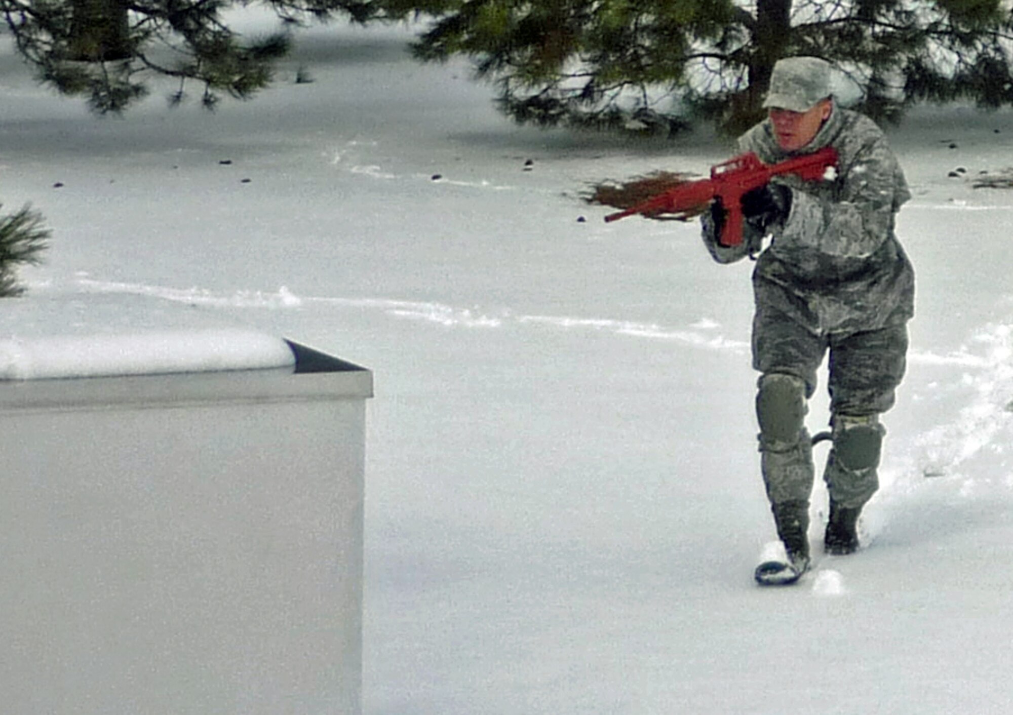PETERSON AIR FORCE BASE, Colo. – Airman 1st Class Jacob Villarimo, 21st Security Forces Squadron Guardian Challenge team member, participates in an over-watch action and battle drill, March 24 at Patriot Park in preparation for 2010 Guardian Challenge competition. Every two years Air Force Space Command hosts Guardian Challenge, the premier space and cyberspace competition in the world. (Courtesy photo)