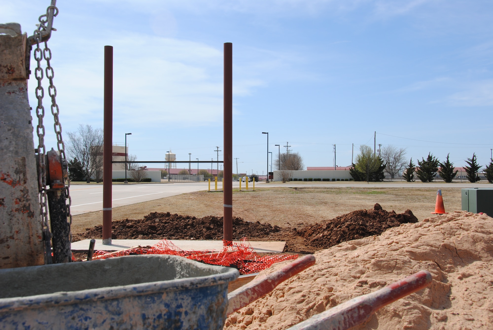 Foundation is laid for two of Vance’s five new full-color light-emitting diode marquees. The industrial gate is one of three new locations to be constructed this month. (U.S. Air Force photo/ 2nd Lt. Christopher Buzzetta)
