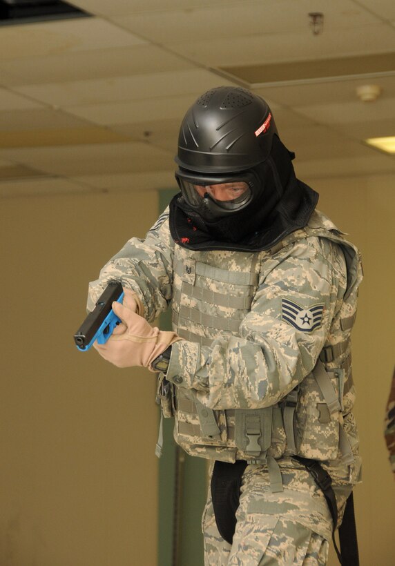 Members of the 158th Fighter Wing Security Forces conduct Military Operations on Urban Terrain (MOUT) in Essex, VT, March 9, 2010. (U.S. Air Force photo by SSgt Daniel DiPietro).