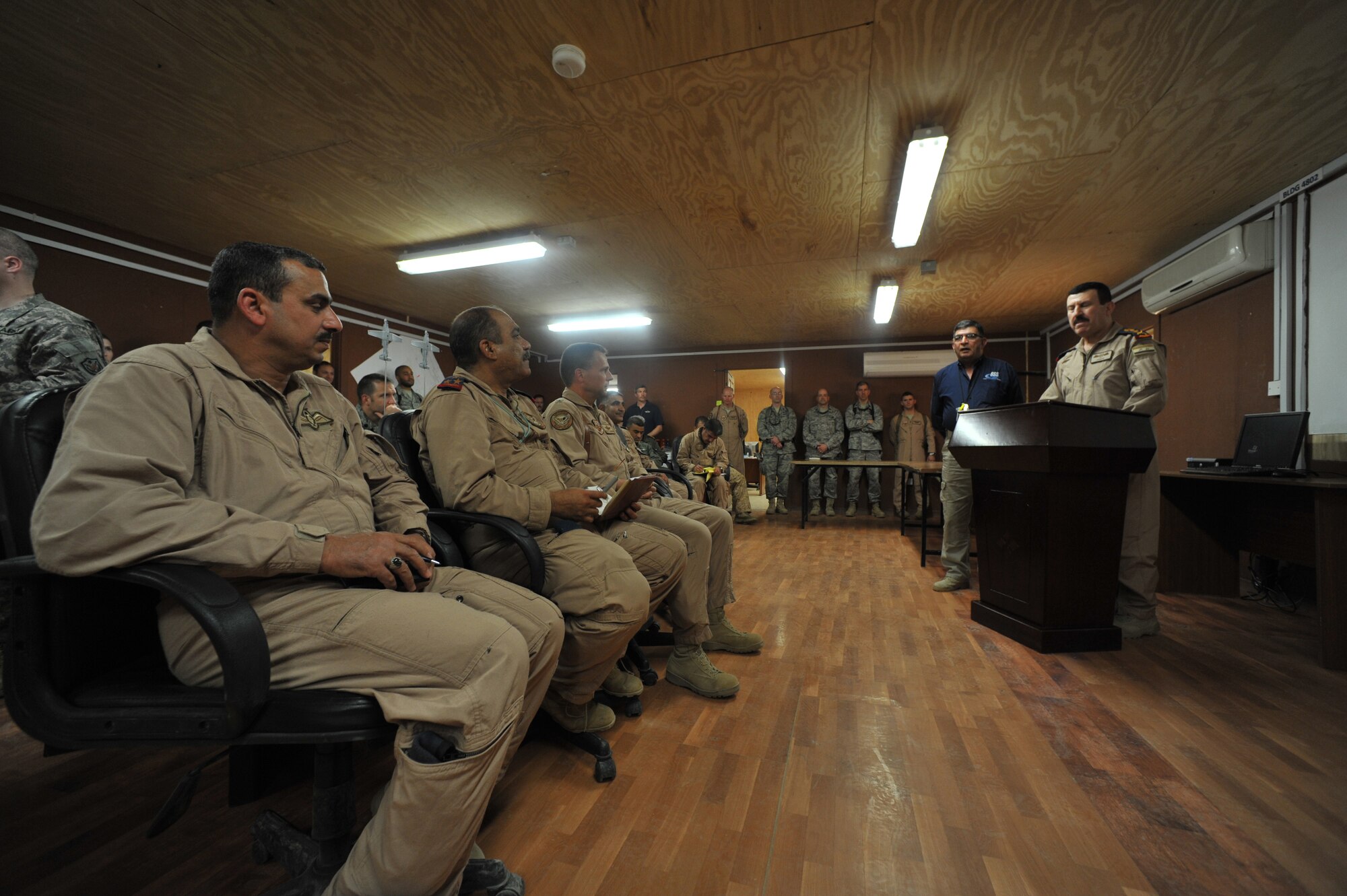 Iraqi Air Force Commander, Lt. Gen. Anwar Hamad Amen Ahmed speaks to candidates selected to participate in the first-ever Iraqi T-6 instructor pilot training course at the 52nd Expeditionary Flying Training Squadron at Combat Operations Base Speicher, Iraq, March 11, 2010.  This inaugural class will generate the initial cadre of Iraqi Air Force T-6 instructor pilots. (U.S. Air Force photo/ Staff Sgt. Quinton Russ/Released)