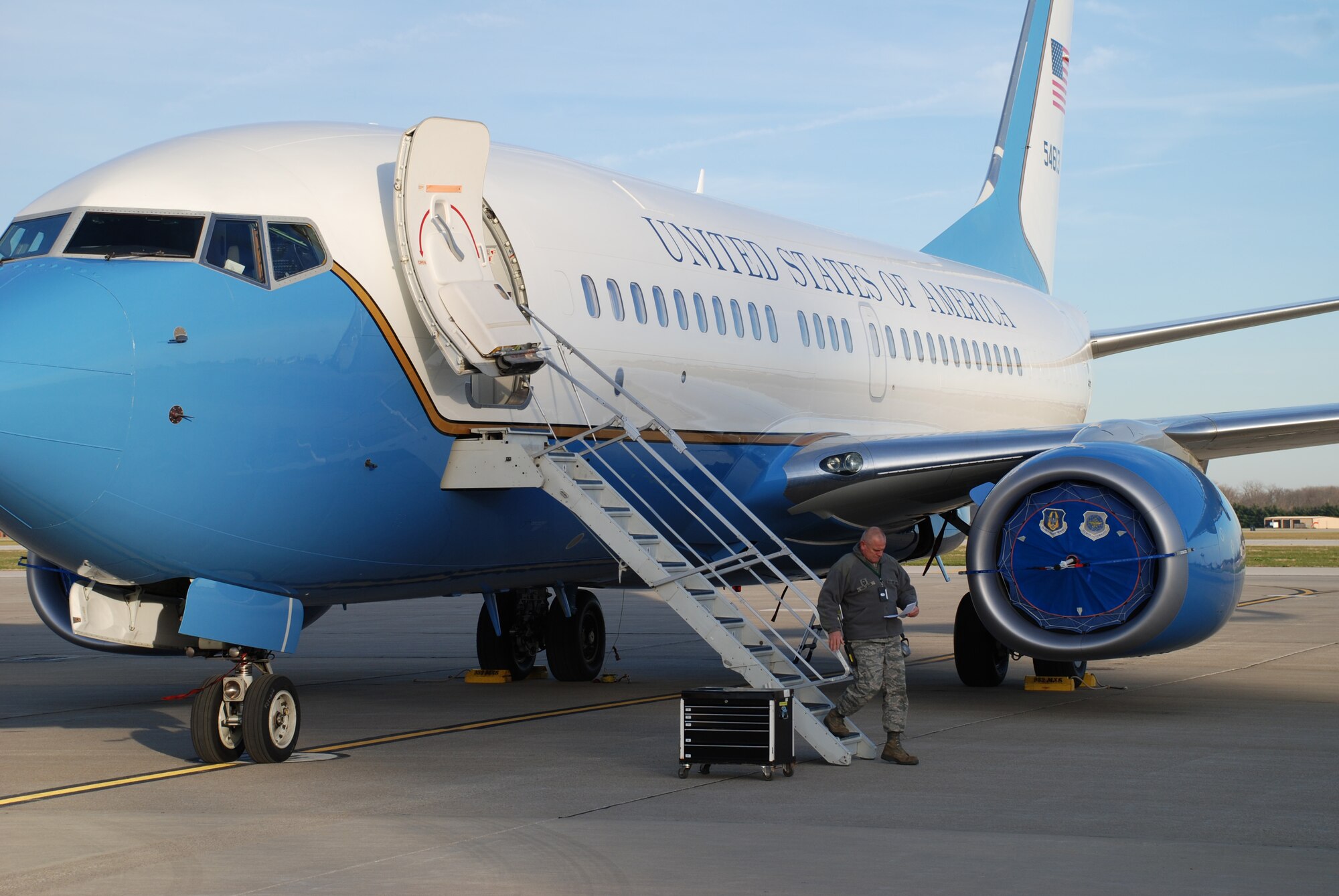 Senior Master Sgt. Scott Frillman, 932nd Maintenance Group, checks his list of items to inspect after a flight with his toolbox at the ready.  (U.S. Air Force photo/Maj. Stan Paregien)