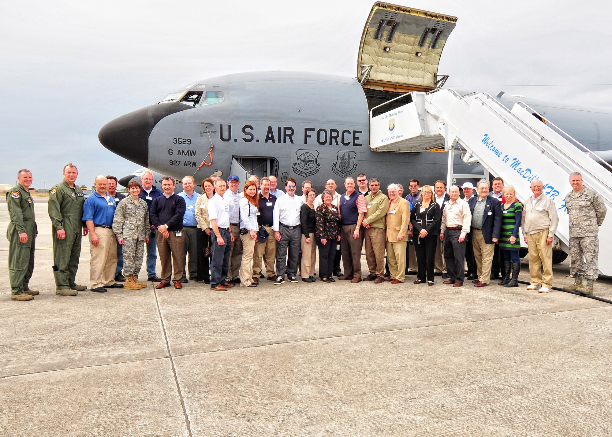 Civilian employers and members of the 914th and 107th Airlift Wings, who flew to MacDill Air Force Base from the Niagara Falls Air Reserve Station, N.Y., stand in front of a KC-135 Stratotanker at MacDill Air Force Base, Fla., March 25, 2010. The tour was organized through the Employer Support of the Guard and Reserve, aimed to thank and educate civilian employers in Western New York who have shown support for their military employees. (U.S. Air Force Photo by Staff Sgt. Joseph McKee)