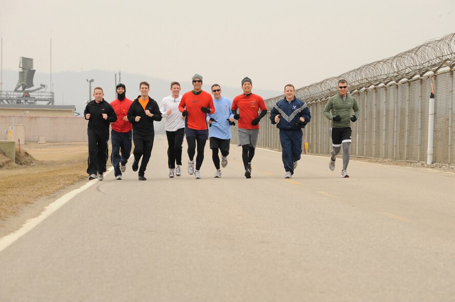 Nine members on the Fiends for Knights team run around Osan Air Base, Republic of Korea on Jan 30 to train for the Seoul International Marathon held on March 21.  (U.S. Air Force photo/Senior Airman Stephenie Wade)