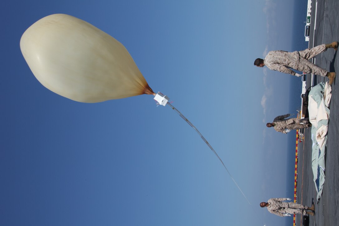 SSgt Juan Padilla (right) with the communications section of 26th Marine Expeditionary Unit's Command Element supervises the release of a lofted communications balloon while Sgt. Lester Ward uses a radio on the flight deck of USS Kearsarge, May 1, 2010. The lofted communications system can extend the range of Marine Corps radio transmissions by hundreds of miles. Padilla and Capt Glen Berdela, also with 26th MEU, were named Copernicus Award recipients this year for aggressively pursuing deployed information access and establishing new benchmarks for excellence in the field. (Official USMC photo by Santiago Colon Jr)