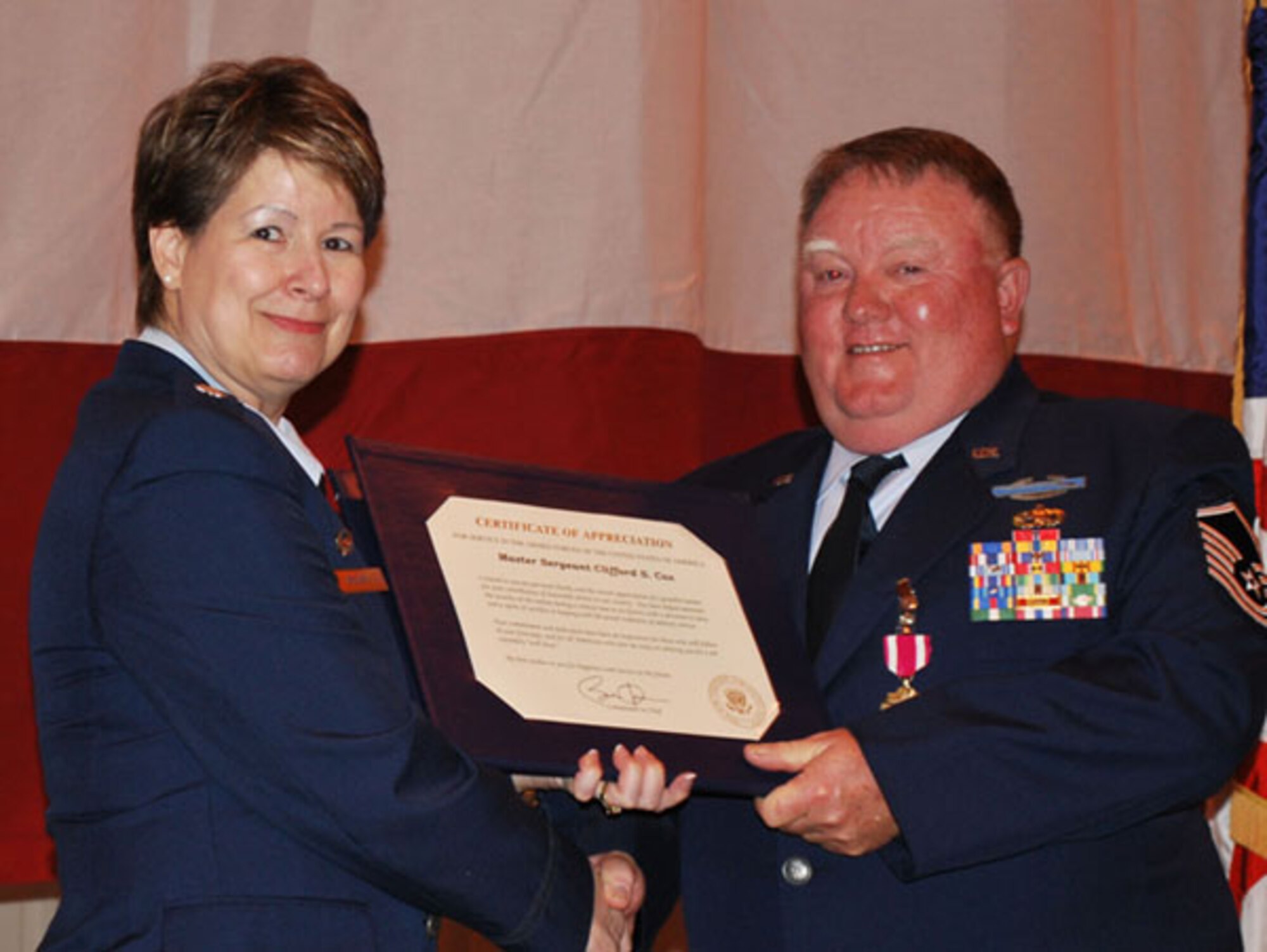 Master Sgt. Clifford Cox began his military career in the Army on May 22, 1970, retiring April 11, 2010 with more than 29 years service. He served more than seven years as an Infantry Soldier. From 1978 to 1988 Cox took a break from the military. At that time he returned to the military, only this time it was the Air Force. In August of that year he joined the 507th Tactical Fighter Wing as a weapons system specialist.
When the Wing transitioned to the KC-135 Cox became a metals technician. Lt. Col. Sandra Brooks, left, presided over Cox’s retirement ceremony. 