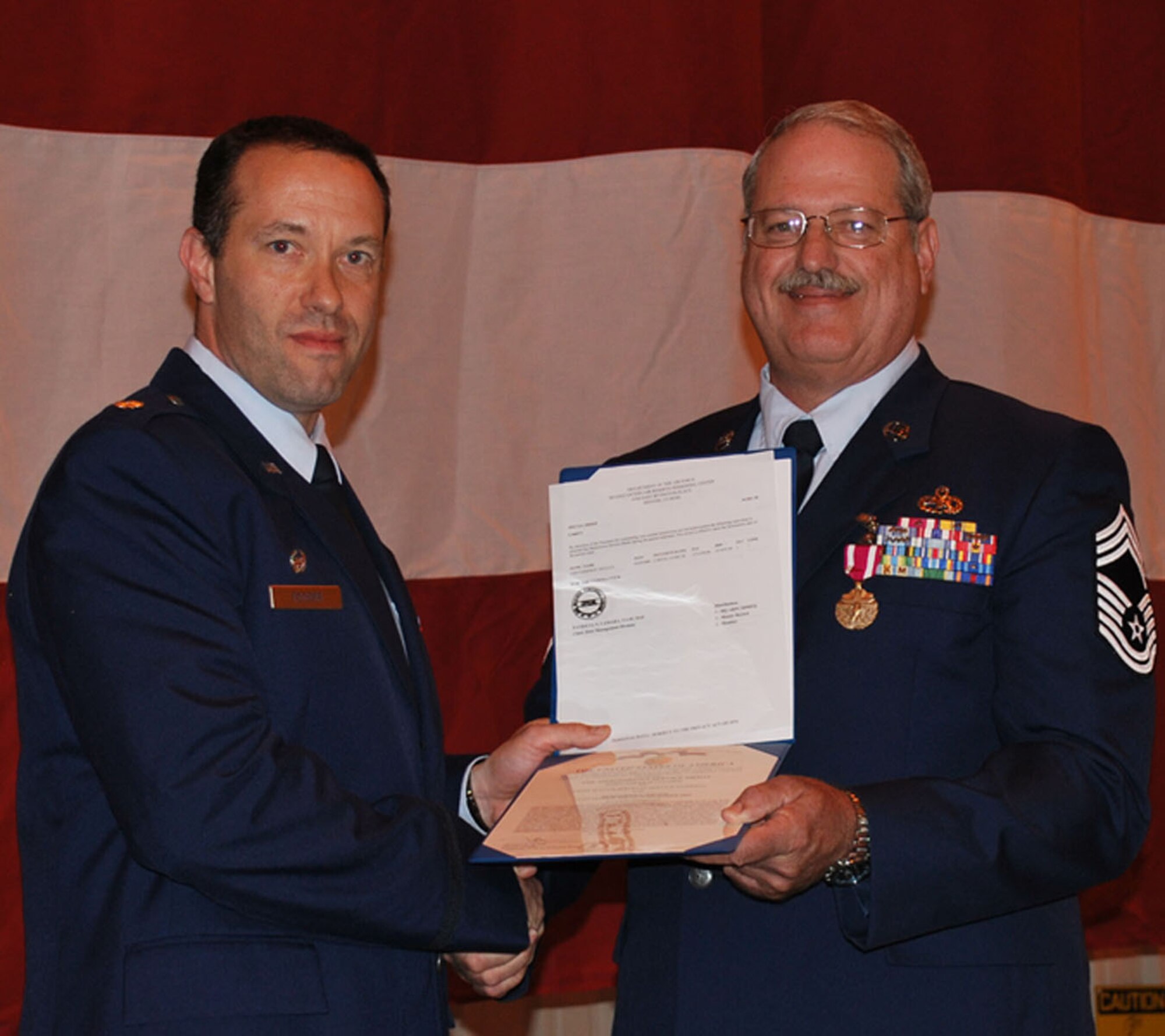 Chief Master Sgt. Doyle (Rod) Garrison, Superintendent for the 507th Aircraft Maintenance Squadron, retired April 10, 2010. He entered military service on
April 9, 1975 with the 507th Tactical Fighter Group and spent his entire career with the 507th. Pictured at right, Lt. Col. Eric Eggers, 507th Aircraft Maintenance Squadron
commander, presided over Chief Garrison’s retirement ceremony.