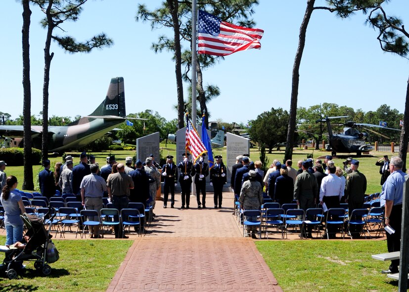 Hurlburt Field Honor Guard team present the flag during a ceremony honoring the 30th anniversary of Operation Eagle Claw April 29. Operation Eagle Claw, conducted April 24, 1980, was a complex mission to rescue U.S. citizens taken hostage in the U.S. embassy in Iran.   One of the MC-130E Combat Talons involved in the mission is still active with the 919th SOW at Duke Field, Fla. Tragically, the attempt ended in the death of eight service members. (U.S. Air Force photo/Adam Duckworth.)