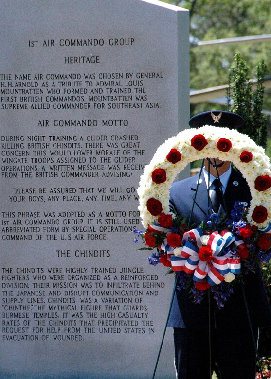 Hurlburt Field Honor Guard team carries a wreath during a ceremony honoring the 30th anniversary of Operation Eagle Claw April 29. Operation Eagle Claw, conducted April 24, 1980, was a complex mission to rescue U.S. citizens taken hostage in the U.S. embassy in Iran. One of the MC-130E Combat Talons involved in the mission is still active with the 919th SOW at Duke Field, Fla.  Tragically, the attempt ended in the death of eight service members. (U.S. Air Force photo/Dan Neely)