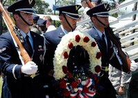 The Hurlburt Field Honor Guard team carries a wreath during a ceremony honoring the 30th anniversary of Operation Eagle Claw April 29. Operation Eagle Claw, conducted April 24, 1980, was a complex mission to rescue U.S. citizens taken hostage in the U.S. embassy in Iran. One of the MC-130E Combat Talons involved in the mission is still active with the 919th SOW at Duke Field, Fla.Tragically, the attempt ended in the death of eight service members. (U.S. Air Force photo/Dan Neely)