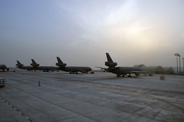 A KC-10 Extender is parked on the flightline for the 380th Air Expeditionary Wing at a non-disclosed base in Southwest Asia on April 24, 2010. KC-10s and the maintenance Airmen who support them deployed to the 380th AEW are a part of the 908th Expeditionary Air Refueling Squadron and the 380th Expeditionary Aircraft Maintenance Squadron and are deployed from Joint Base McGuire-Dix-Lakehurst, N.J., and Travis Air Force Base, Calif. (U.S. Air Force Photo/Master Sgt. Scott T. Sturkol/Released)
