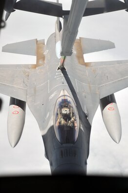 A U.S. Air Force F-16 Fighting Falcon is refueled by a KC-10 Extender from the 908th Expeditionary Air Refueling Squadron during an air refueling mission in the U.S. Central Command area of responsibility on April 24, 2010. In the first three months of 2010, Airmen supporting the KC-10 deployed air refueling in the U.S. Central Command area of responsibility flew more than 1,000 sorties offl-loading more than 108 million pounds of fuel to more than 6,600 aircraft in support of combat operations. The 908th EARS, as part of the 380th Air Expeditionary Wing, supports operations Iraqi Freedom and Enduring Freedom and the Combined Joint Task Force-Horn of Africa. (U.S. Air Force Photo/Master Sgt. Scott T. Sturkol/Released)
