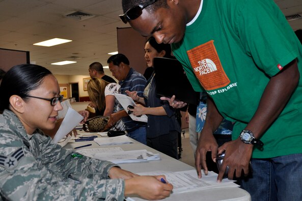 Senior Airman Angel Mafnas, 44th Aerial Port Squadron, Andersen Air Force Base, Guam, helps Capt. Jarrett Rogers process in at an Individual Ready Reserve muster conducted by the 624th Regional Support Group Directorate of Personnel May 1 at the 15th Services Makai Recreation Center, Hickam Air Force Base, Hawaii. Captain Rogers was one of 66 people called up from inactive status who attended the event. During the muster, the Reservists were briefed on their rights, benefits and responsibilities of their status in the IRR. The event which was the first of its kind held in Hawaii generated 18 recruiting leads.

The IRR Muster Program exists to enhance readiness and ensure the Air Force can "reach out and touch" members of the IRR population when called upon to do so. The objectives are to provide overall structure to gather and maintain IRR Airmen contact and physical condition information, thereby increasing efficiency of the activation process for total or full mobilization. (U.S. Air Force photo/Master Sgt. Daniel Nathaniel)
