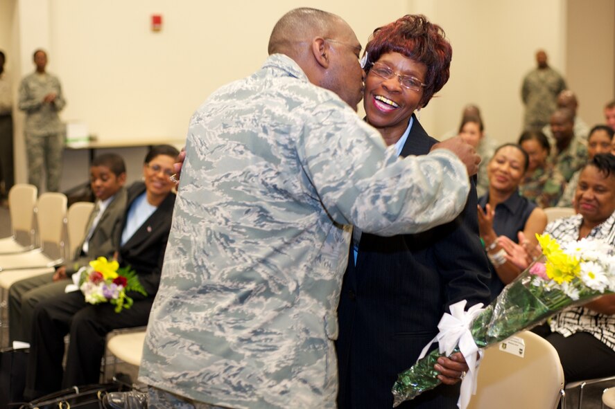 Lt. Col. Marshall Irvin thanks his mother for all the hard work she did in raising him over the years. Colonel Irvin assumed command of the 403rd Mission Support Group Saturday of the May Unit Training Assembly. Family and friends of Colonel Irvin attended the ceremony, held at the wing's Consolidated Aircraft Maintenance Facility. 
