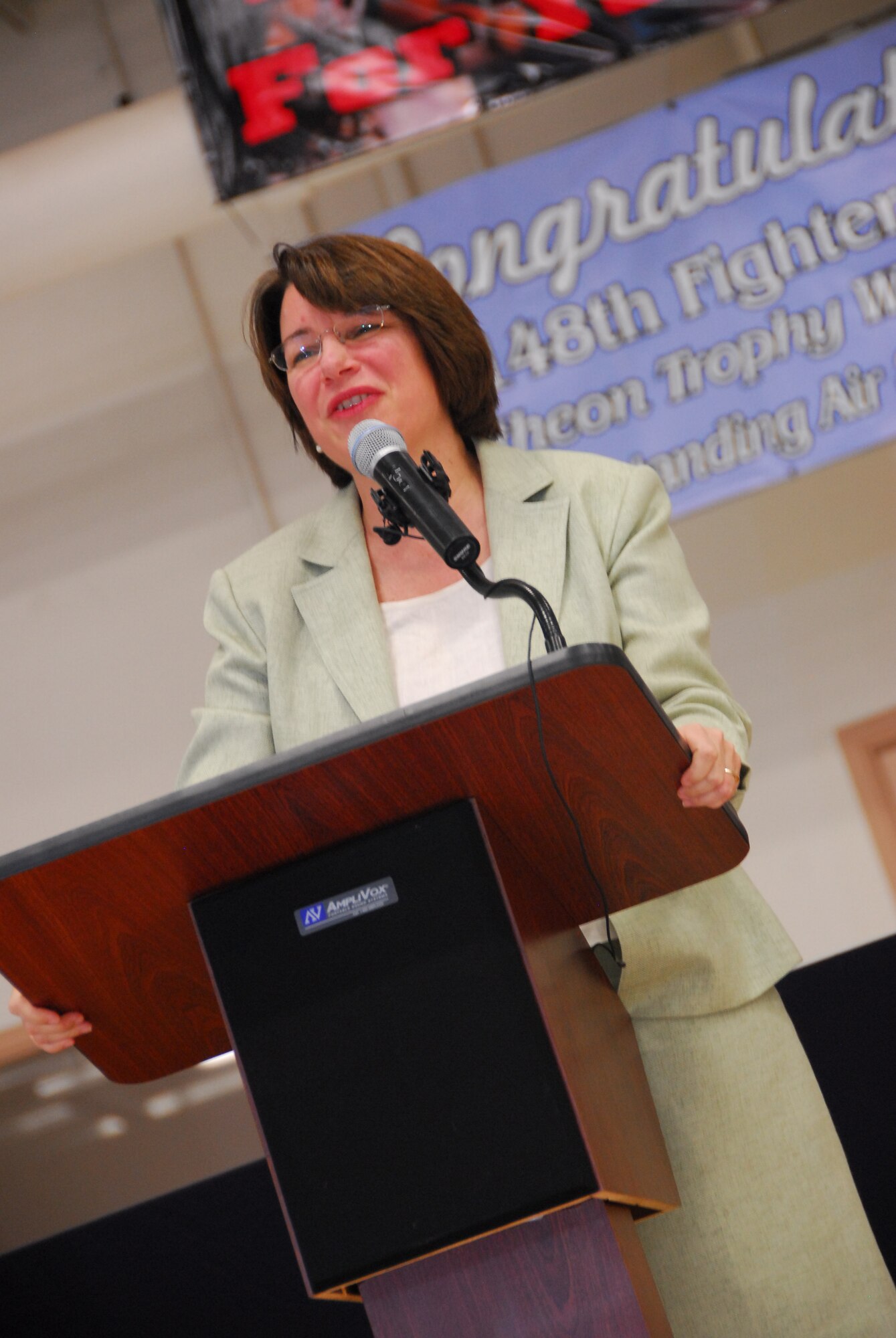 U.S. Sen. Amy Klobuchar speaks during a wing celebration ceremony at the Duluth, Minn., ANG Base Apr. 30, 2010.  Past and present members of the unit, friends and family, along with state and local officials gathered at the wing to celebrate the arrival of the new block 50 F-16C aircraft. (U.S. Air Force photo by Master Sgt. Jason W. Rolfe/Released)