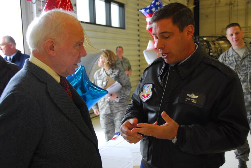 U.S. Air Force Col. Frank Stokes, 148th Fighter Wing Commander, speaks with U.S. Rep. James Oberstar at a wing celebration ceremony at the Duluth, Minn., ANG Base Apr. 30, 2010.  Past and present members of the unit, friends and family, along with state and local officials gathered at the wing to celebrate the arrival of the new block 50 F-16C aircraft. (U.S. Air Force photo by Master Sgt. Jason W. Rolfe/Released)