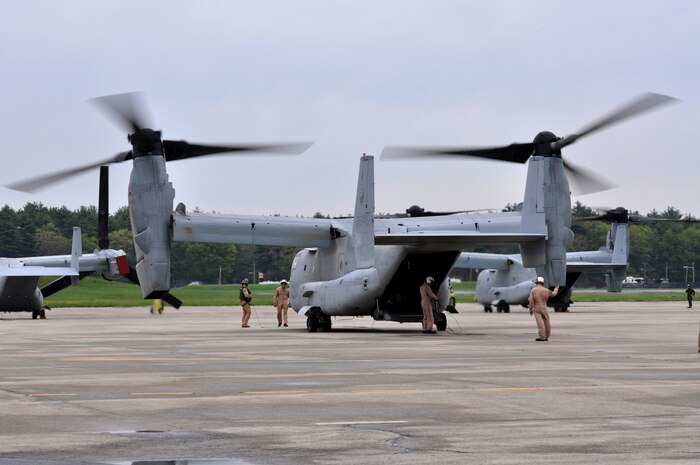 U. S. Marines of 2nd Marine Air Wing, Cherry Point, N.C., prepare MV22B Ospreys for a flight to Boston, Mass. in support of Marine Week Boston on May 3, 2010. Marine Week Boston provides an opportunity to increase public awareness of the Marine Corps' value to our nation's defense and to preserve and mature the Corps' relationship with the American people. (Official U. S. Marine Corps photo by Lance Cpl. Sean Palmer)