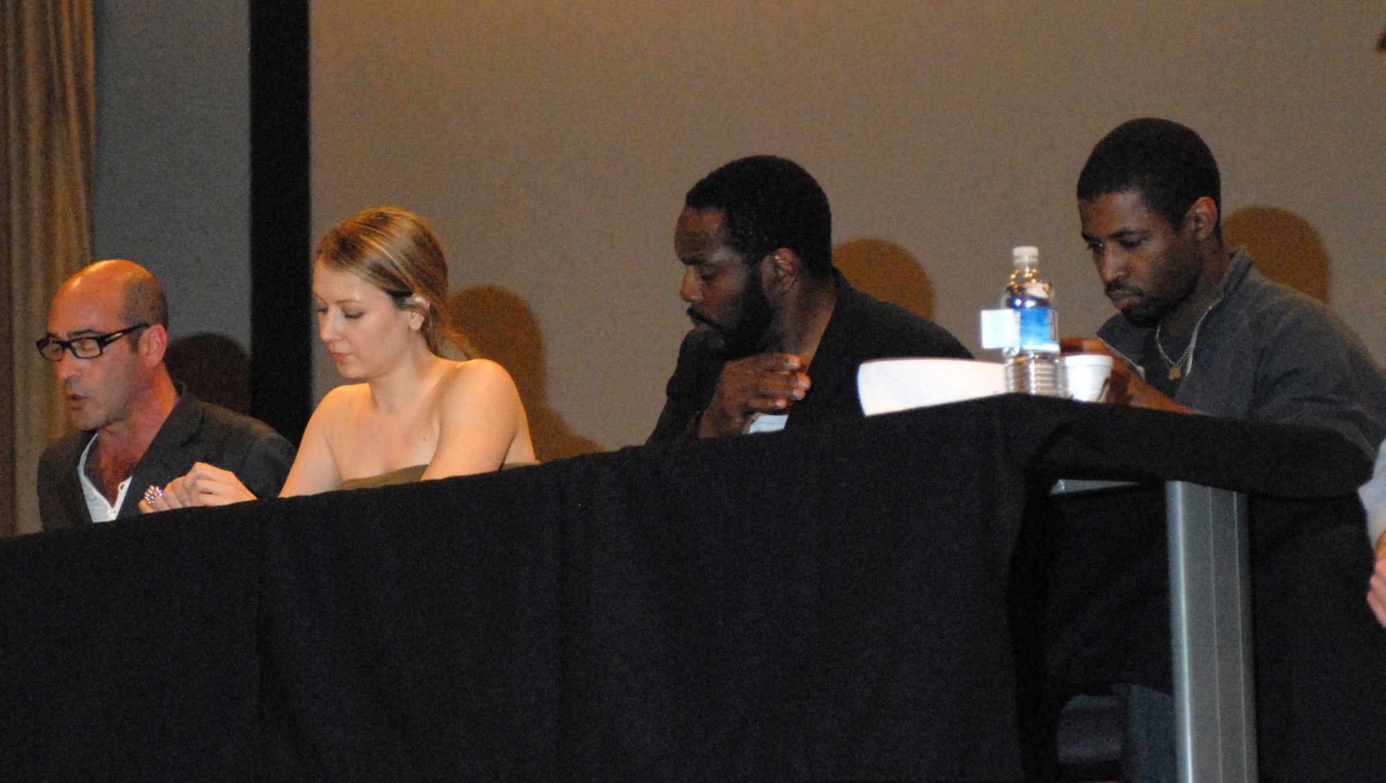 Professional actors John Ventimiglia, Jennifer Mudge, Chad Coleman, and Amari Cheatom perform a dramatic reading of scenes from Sophocles' Ajax and Philoctetes at the Hickam AFB Memorial Theater.  This production brings insight to the challenges faced by combat veterans returning from war.
(Photo by David D. Underwood, Jr.)