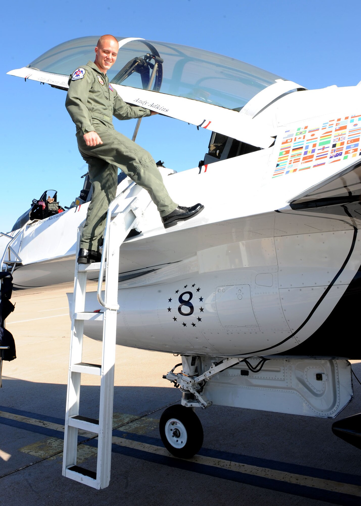 DYESS AIR FORCE BASE, Texas -  Hometown Hero Andy Adkins, an Abilene Police Officer, gets ready to take his seat aboard an United States Air Force Thunderbirds F-16C Fighting Falcon here, April 29. The Hometown Hero program is designed to showcse Abilenians putting forth amazing effort in their community, in line with amazing efforts put forth by America's Airmen ever day. Officer Adkins received community recognition when he volunteered his time and service to provide a unique opportunity for a special needs individual in the community. (U.S. Air Force photo/ Airman 1st Class Cheslea Browning)
