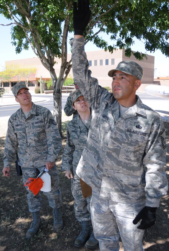 Master Sgt. Herbert Romero halts his team during a simulated search and recovery exercise here at the 161st Air Refueling Wing, Phoenix, May 1, 2010. Services team members Staff Sgt. Tim Capps and Staff Sgt. Misty Caudle collect information and document the process as part of their readiness training. (U.S. Air Force Photo by Senior Airman Nicole Enos)