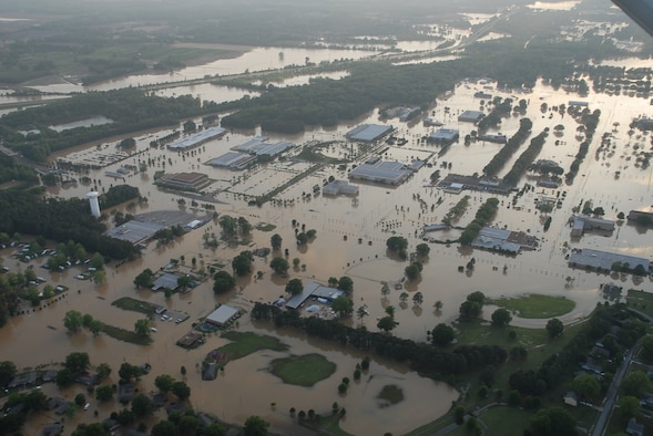 A levee breach of a nearby river flooded much of Naval Support Activity Mid-South in Millington, Tenn., on May 1, 2010.  Search and Rescue operations saved approximately 330 Navy personnel and dependents. Navy, Coast Guard, local authorities, Civil Air Patrol and the Air Force Rescue Coordination Center all participated in rescue operations. (Photo courtesy of the Civil Air Patrol)  
