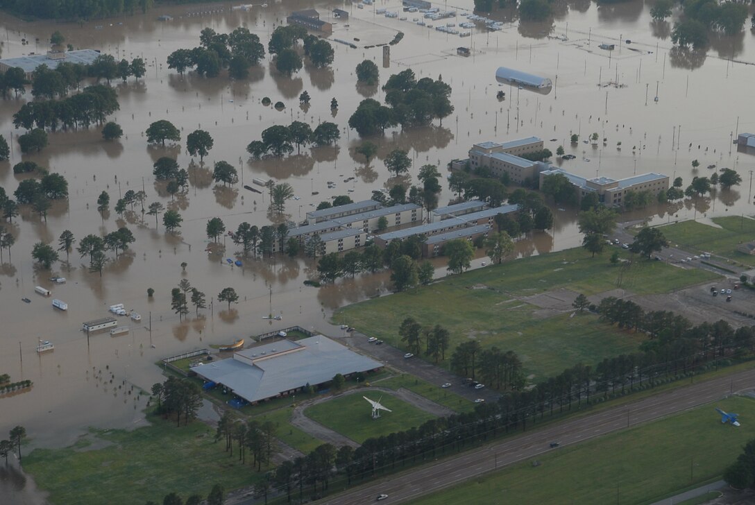 A levee breach of a nearby river flooded much of Naval Support Activity Mid-South in Millington, Tenn., on May 1, 2010.  Search and Rescue operations saved approximately 330 Navy personnel and dependents. Navy, Coast Guard, local authorities, Civil Air Patrol and the Air Force Rescue Coordination Center all participated in rescue operations. (Photo courtesy of the Civil Air Patrol)  