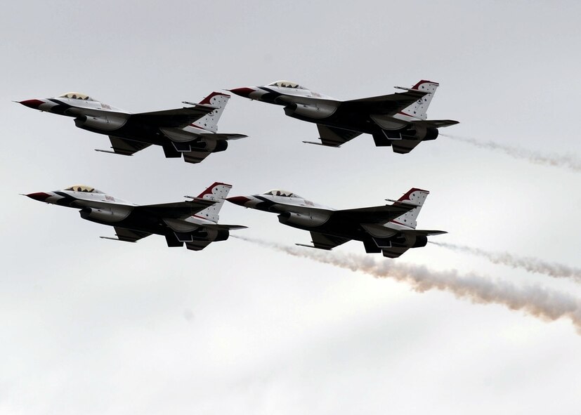 DYESS AIR FORCE BASE, Texas-- The U.S Air Force Thunderbirds fly in an intricate diamond during the Dyess Big Country Airfest here May 1. The airfest is held every other year on Dyess Air Force Base and features various aircraft performances as well as static displays. The airfest is held to bring the Abilene and Dyess communities together to demonstrate the capabilities of the Air Force.  (U.S Air Force photo/ Airman 1st Class Shannon Hall)
