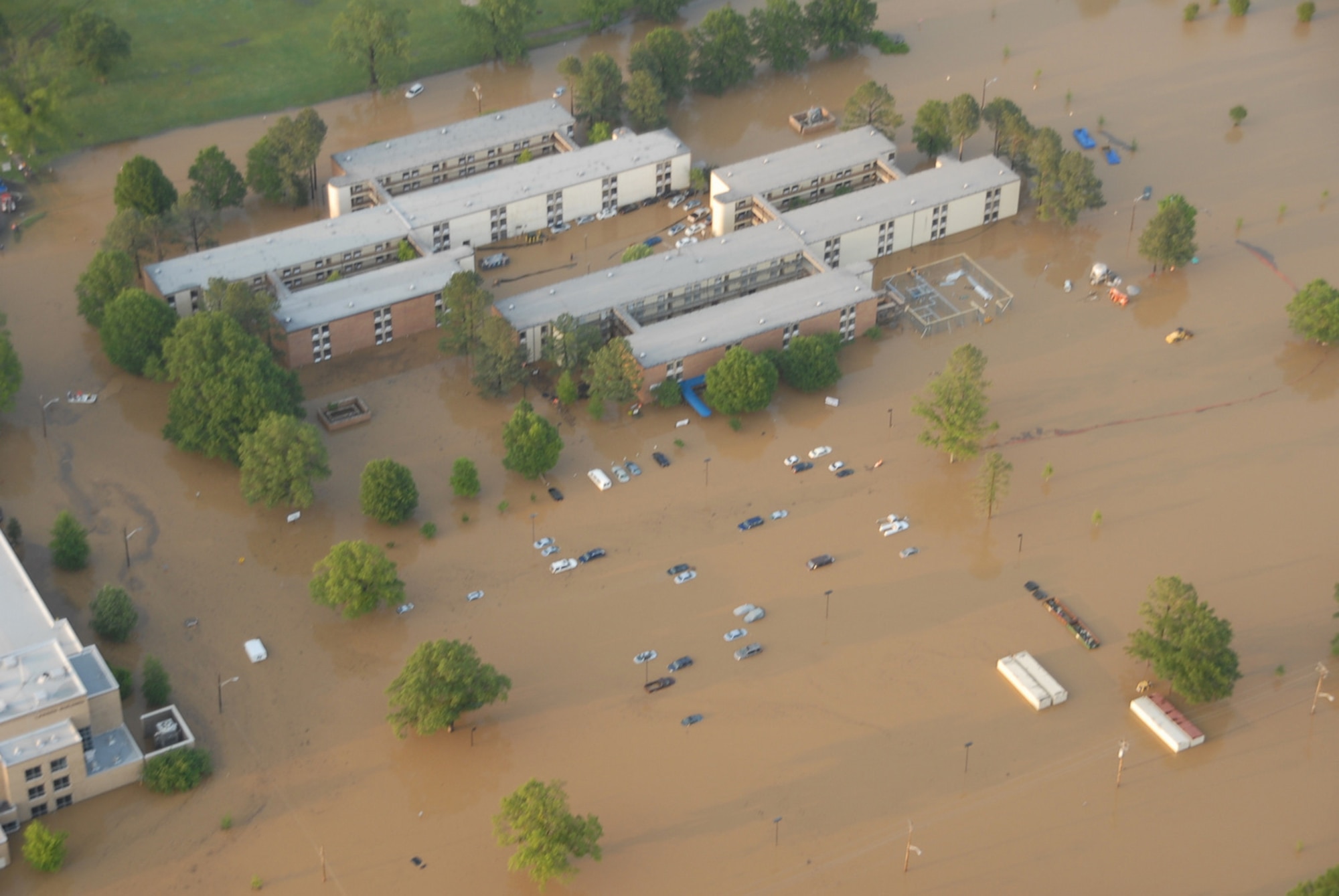 A levee breach of a nearby river flooded much of Naval Support Activity Mid-South in Millington, Tenn., on May 1, 2010.  Search and Rescue operations saved approximately 330 Navy personnel and dependents. Navy, Coast Guard, local authorities, Civil Air Patrol and the Air Force Rescue Coordination Center all participated in rescue operations. (Photo courtesy of the Civil Air Patrol)  