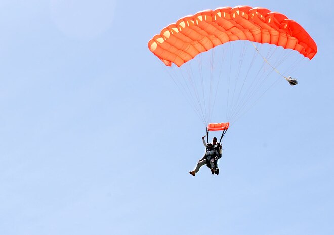 Staff Sgt. Courtney Stanton, 9th Reconnaissance Wing NCO in charge of equal opportunity prepares to land after skydiving for the “Jump into Prevention” event, April 30 at Lincoln Regional Airport. The event was part of Sexual Assault Awareness month. (Air Force photo by Airman 1st Class David Tracy)