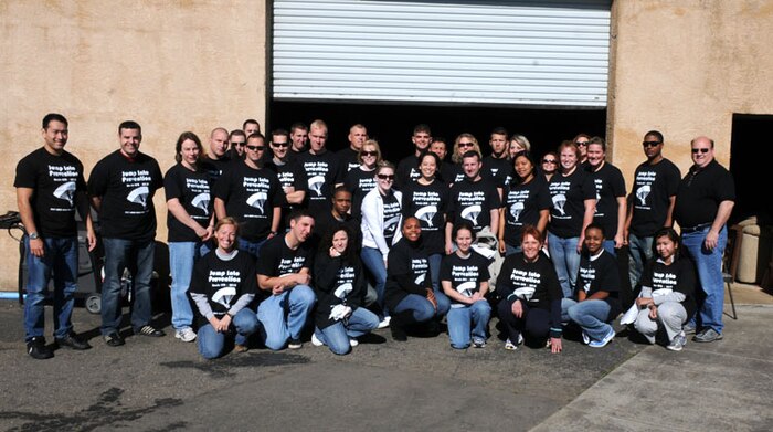 Beale Airmen pose for a group photo prior to skydiving as part of Sexual Assault Awareness month, April 30 at Lincoln Regional Airport. The skydiving event was coordinated by Dr. Michael Stacy, Beale’s Sexual Assault Response Coordinator. (Air Force photo by Airman 1st Class David Tracy)