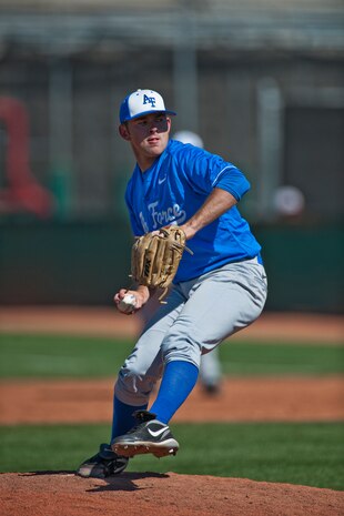LAS VEGAS -- Alex Baker a freshman from the U.S. Air Force Academy "Falcons" pitches in relief during the second inning of Saturday's game against the University of Nevada, Las Vegas "Rebels," at Earl E. Wilson Stadium, in Las Vegas May 1, 2010. UNLV declared the weekend, Air Force weekend and offered free admission for all active duty during the Air Force Academy vs. UNLV baseball games.  (U.S. Air Force photo by Tech. Sgt. Michael R. Holzworth)