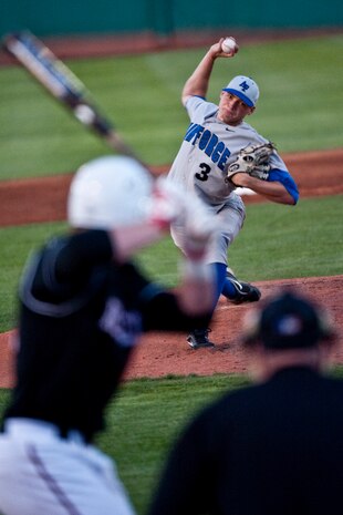 LAS VEGAS --   Alex Truesdale a Senior from the U.S. Air Force Academy "Falcons" pitches in the third inning during a late afternoon game against the University of Nevada, Las Vegas "Rebels,"  at Earl E. Wilson Stadium, in Las Vegas April 30, 2010. UNLV declared the weekend, Air Force weekend and offered free admission for all active duty during the Air Force Academy vs. UNLV baseball games.  (U.S. Air Force photo by Tech. Sgt. Michael R. Holzworth)