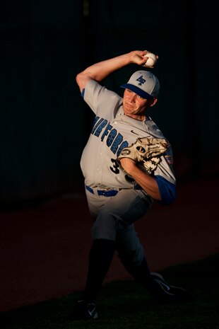 LAS VEGAS --   Alex Truesdale a Senior from the U.S. Air Force Academy "Falcons" warms up his pitching arm before opening a three game set against the University of Nevada, Las Vegas "Rebels,"  at Earl E. Wilson Stadium, in Las Vegas April 30, 2010. UNLV declared the  weekend, Air Force weekend and offered free admission for all active duty during the Air Force Academy, UNLV baseball games.  (U.S. Air Force photo by Tech. Sgt. Michael R. Holzworth)
