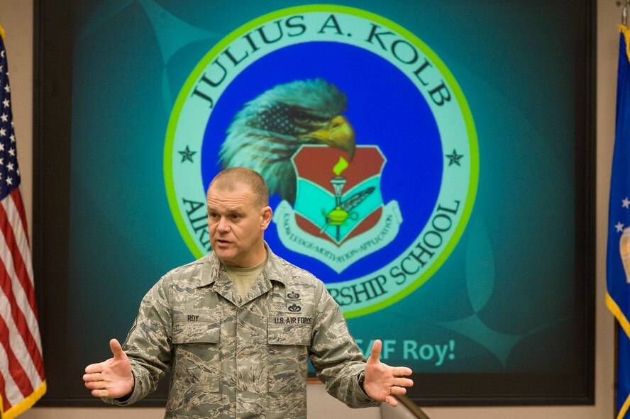 Chief Master Sgt. of the Air Force James A. Roy speaks to a group of McChord Field Airmen during a briefing at the Julius A. Kolb Airman Leadership School auditorium April 28. (U.S. Air Force Photo/Abner Guzman)