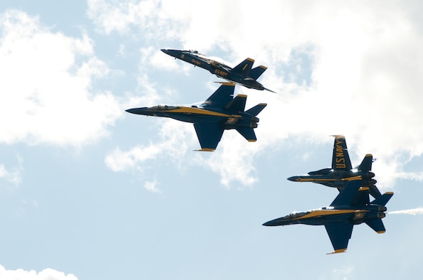 The Blue Angels perform at the Sound of Speed Air Show, hosted at the 139th Airlift Wing in St. Joseph, MO., May 2nd, 2010. (U.S. Air Force photo by Master Sgt. Shannon Bond/Released)